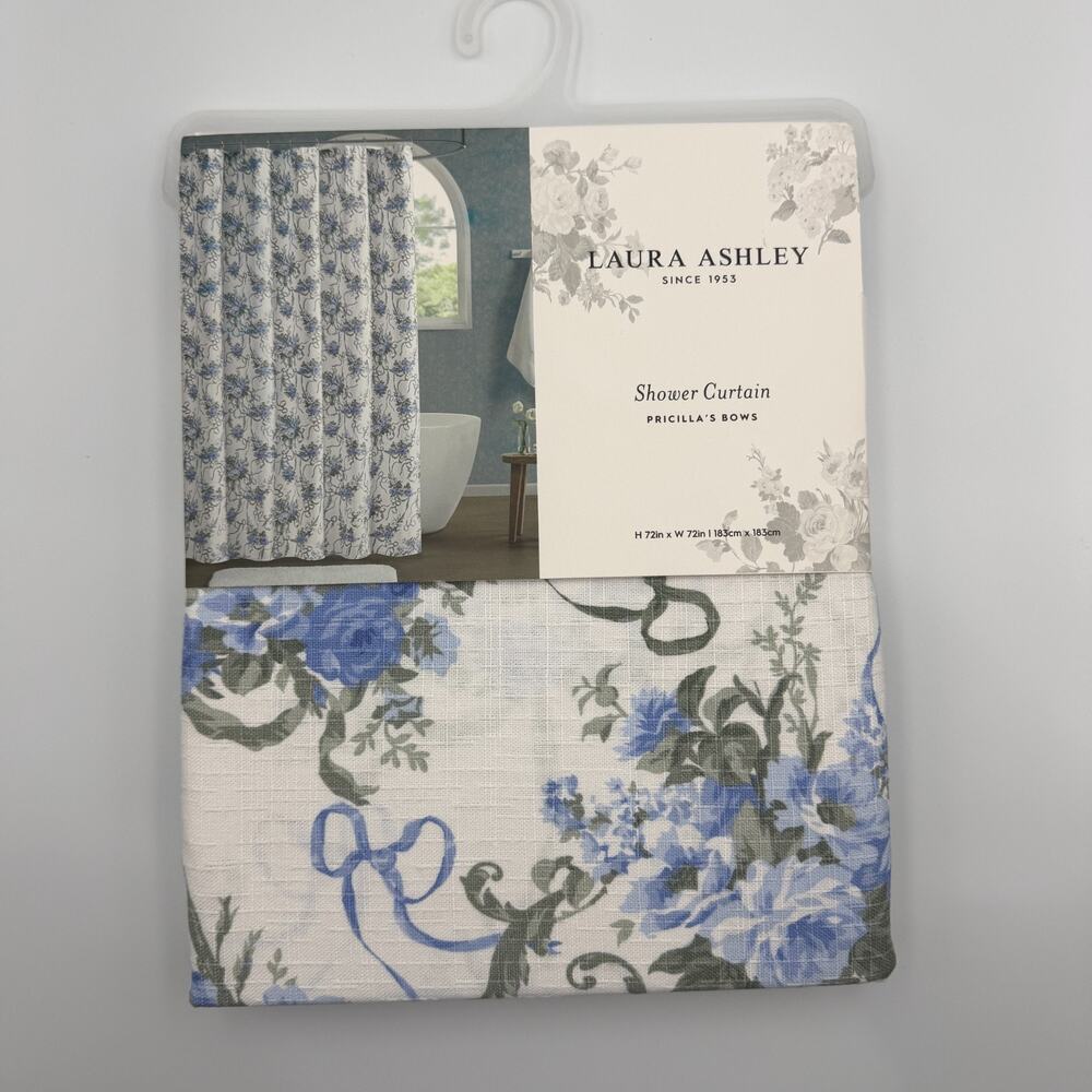 Laura Ashley Pricilla's Bows Shower Curtain Floral Cottagecore Blue White 72x72"